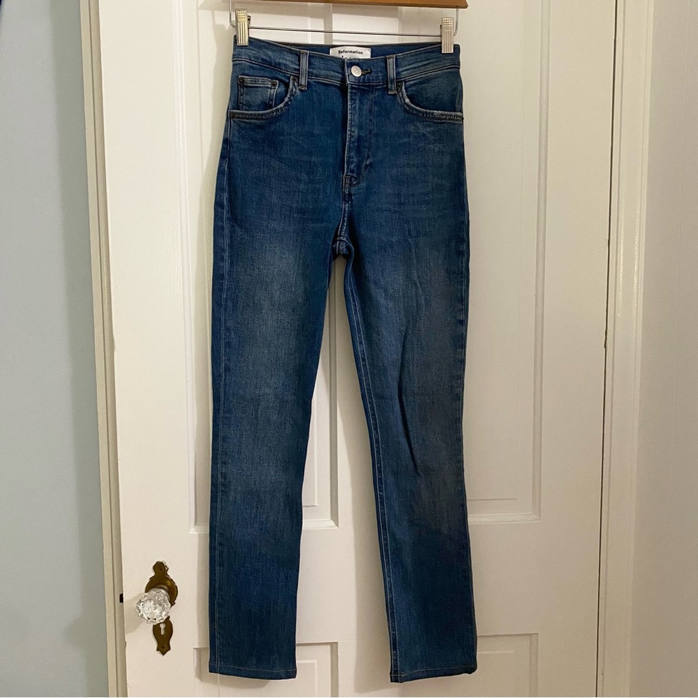 REFORMATION mid wash denim high rise skinny jeans